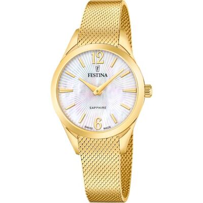 Festina Dameshorloge F20077/1 Swiss Made Grace, behuizing van 316L roestvrij staal, goudkleurige armband van 316L roestvrij staal Festina Dameshorloge F20077/1 Swiss Made Grace, behuizing van 316L roestvrij staal, goudkleurige armband van 316L roestvrij staal