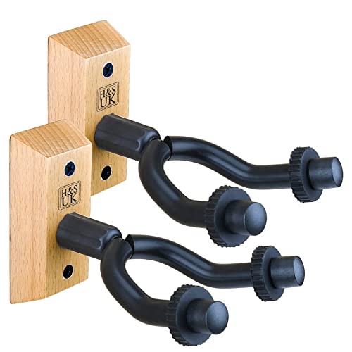 H&S Gitaarhouder voor aan de muur, set van 2 houten wandhouders met rubberen uitsparingen voor gitaren en ukelele, houten gitaarhangers, wandhouder, ukelele houder voor aan de muur