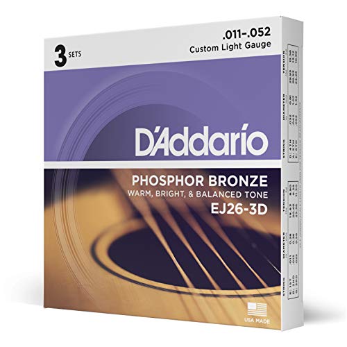 D'Addario Gitaarsnaren westerngitaar   gitaarsnaren akoestische gitaar   akoestische gitaarsnaren   het populairste snarenmerk   EJ26-3D   fosfor brons   Custom Light (11-52)   3-pack