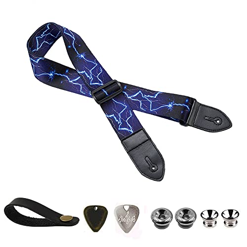 BetterJonny Basicon Gitaarriem, verstelbare gitaarband, gitaarband, gitaarband met lederen uiteinden, plectrumknoppen, gitaarhals, riem voor elektrische gitaar, akoestische gitaar, bas, blauw, 82-145cm