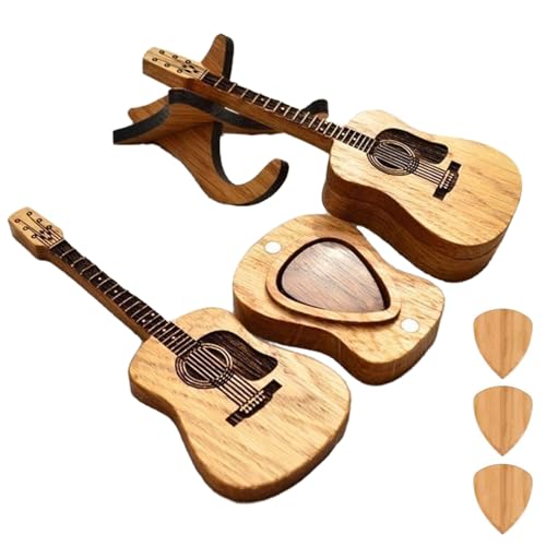 Nsidd Gitaar pickbox houder met 3 stuks houten plectrums, houten akoestische gitaar pickbox, houten gitaar pickcase, akoestische gitaar doos voor elektrische basgitaar ukelele minnaar, Bruin,