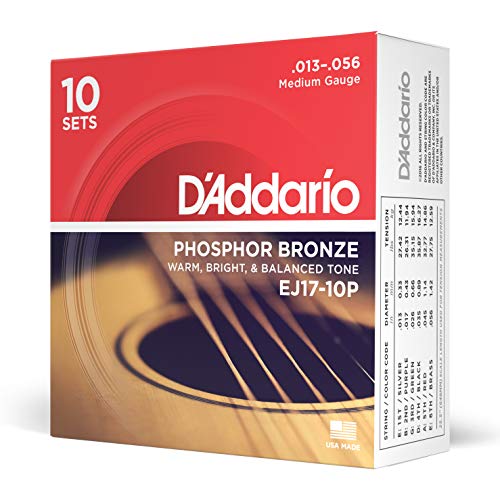 D'Addario Gitaarsnaren westerngitaar   gitaarsnaren akoestische gitaar   akoestische gitaarsnaren   het populairste snarenmerk   EJ17-10P   fosfor brons   medium (13-56)   10-pack