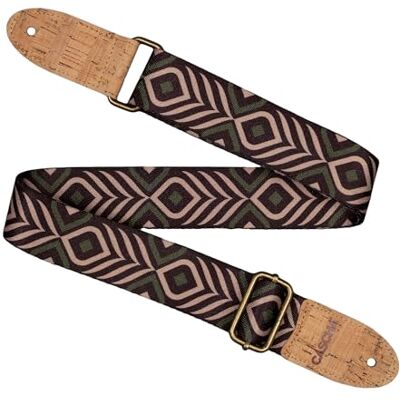 CASCHA Gitaarriem, veganistische riem met kurkuiteinden, geometrisch design in groen en beige, polyester materiaal CASCHA Gitaarriem, veganistische riem met kurkuiteinden, geometrisch design in groen en beige, polyester materiaal