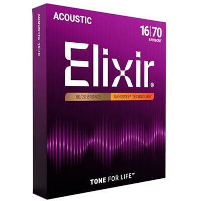 Elixir ® Strings 80/20 bronzen snaren voor akoestische gitaar met NANOWEB®-Coating, zwaar (.016-.070) Elixir ® Strings 80/20 bronzen snaren voor akoestische gitaar met NANOWEB®-Coating, zwaar (.016-.070)