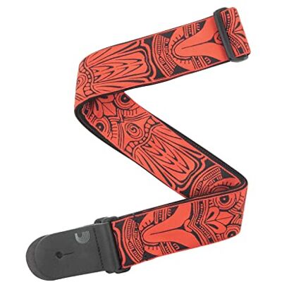 D'Addario Gitaarriem, Tiki Mask, rood, 2 inch (5,1 inch) breed, polyester, modern, verstelbaar van 39 inch tot 69 inch (99,1 cm tot 175,3 cm) D'Addario Gitaarriem, Tiki Mask, rood, 2 inch (5,1 inch) breed, polyester, modern, verstelbaar van 39 inch tot 69 inch (99,1 cm tot 175,3 cm)