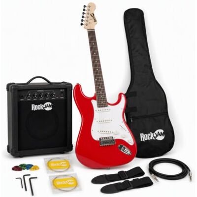 RockJam Full Size elektrische gitaar Superkit met gitaarversterker Gitaarsnaren Gitaarriem Gitaartas en gitaarkabel rood RockJam Full Size elektrische gitaar Superkit met gitaarversterker Gitaarsnaren Gitaarriem Gitaartas en gitaarkabel rood