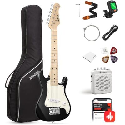 Donner Elektrische gitaarset, junior, 76,2 cm, voor beginners, ST Style mini-gitaar, premium gitaar met versterker, stemmer, capo, tas, riem, snaar, kabel (DSJ-100, zwart) Donner Elektrische gitaarset, junior, 76,2 cm, voor beginners, ST Style mini-gitaar, premium gitaar met versterker, stemmer, capo, tas, riem, snaar, kabel (DSJ-100, zwart)