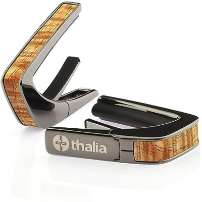Thalia Exotic Wood Series capodaster met zwarte chromen afwerking, AAA Hawaiiaans koa in vintage blonde Thalia Exotic Wood Series capodaster met zwarte chromen afwerking, AAA Hawaiiaans koa in vintage blonde