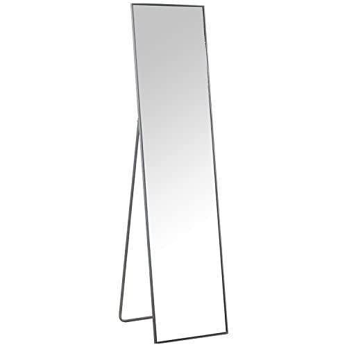 DRW Staande spiegel met metalen frame in zilver, 37 x 4 x 150 cm