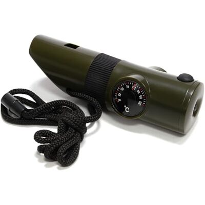 PARENCE 6-in-1 multifunctioneel kompas met thermometer, led, vergrootglas, fluitje en spiegel compact survivalgereedschap met koord legergroen batterij inbegrepen PARENCE 6-in-1 multifunctioneel kompas met thermometer, led, vergrootglas, fluitje en spiegel compact survivalgereedschap met koord legergroen batterij inbegrepen