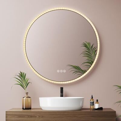 EMKE Ronde badkamerspiegel met rond licht, 60 cm, ronde led-spiegel met aanraakschakelaar, anti-condens, geheugenfunctie, driekleurig licht, dimbaar, zwart EMKE Ronde badkamerspiegel met rond licht, 60 cm, ronde led-spiegel met aanraakschakelaar, anti-condens, geheugenfunctie, driekleurig licht, dimbaar, zwart