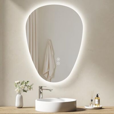 EMKE Badkamerspiegel met verlichting, 60 x 45 cm, asymmetrische led-spiegel, touch-schakelaar, 3 instelbare lichtkleuren, anti-condensspiegel EMKE Badkamerspiegel met verlichting, 60 x 45 cm, asymmetrische led-spiegel, touch-schakelaar, 3 instelbare lichtkleuren, anti-condensspiegel