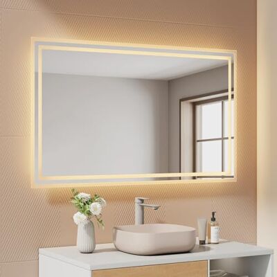 EMKE Badkamerspiegel met verlichting, 60 x 100 cm, anti-condens, 2 kleurtemperaturen (warmwit/koud wit), tuimelschakelaar, horizontaal/verticaal, led-spiegel, IP44 EMKE Badkamerspiegel met verlichting, 60 x 100 cm, anti-condens, 2 kleurtemperaturen (warmwit/koud wit), tuimelschakelaar, horizontaal/verticaal, led-spiegel, IP44