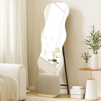 HOMCOM Volledige lichaamsspiegel 160 x 50 cm onregelmatig gegolfd randloos Staande spiegel met houten voet, Wandspiegel om te leunen, Staand, Spiegel voor woonkamer, slaapkamer, gang, Zwart HOMCOM Volledige lichaamsspiegel 160 x 50 cm onregelmatig gegolfd randloos Staande spiegel met houten voet, Wandspiegel om te leunen, Staand, Spiegel voor woonkamer, slaapkamer, gang, Zwart