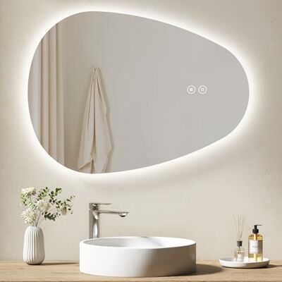 EMKE Badkamerspiegel met verlichting, 60 x 45 cm, asymmetrische led-spiegel, aanraakschakelaar, 3 instelbare lichtkleuren, anti-condensspiegel EMKE Badkamerspiegel met verlichting, 60 x 45 cm, asymmetrische led-spiegel, aanraakschakelaar, 3 instelbare lichtkleuren, anti-condensspiegel
