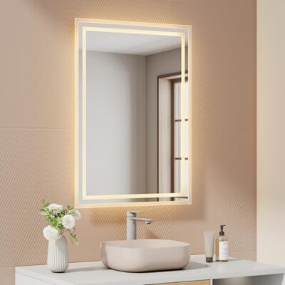 EMKE Badkamerspiegel met verlichting, 50 x 70 cm, led-badkamerspiegel, warm wit licht, 3000 K, wandspiegel met verlichting, horizontaal/verticaal, IP44 energiebesparend EMKE Badkamerspiegel met verlichting, 50 x 70 cm, led-badkamerspiegel, warm wit licht, 3000 K, wandspiegel met verlichting, horizontaal/verticaal, IP44 energiebesparend