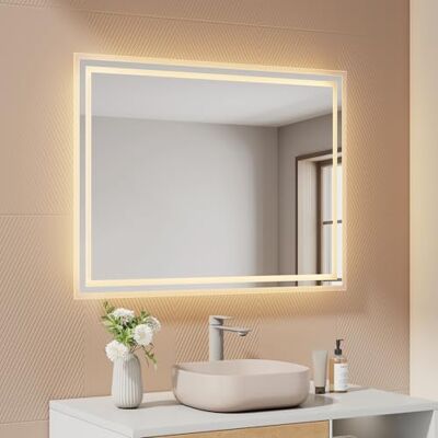 EMKE Badkamerspiegel met ledlicht, 80 x 60 cm, warm wit licht, 3000 K, wandspiegel met verlichting, horizontaal/verticaal, IP44, energiezuinig EMKE Badkamerspiegel met ledlicht, 80 x 60 cm, warm wit licht, 3000 K, wandspiegel met verlichting, horizontaal/verticaal, IP44, energiezuinig