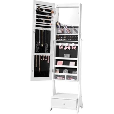 VEVOR Sieradenspiegel, staande spiegel met houder, sieradenkast met slot, spiegel in full figuur, led-licht binnen, lade, mobiele juwelendoos, 3 laden, wit VEVOR Sieradenspiegel, staande spiegel met houder, sieradenkast met slot, spiegel in full figuur, led-licht binnen, lade, mobiele juwelendoos, 3 laden, wit