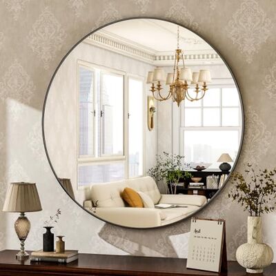 HARRITPURE 60 cm ronde spiegel badkamerspiegel wandgemonteerde make-upspiegel met geborsteld metalen frame moderne woondecoratie voor badkamer, woonkamer, ijdelheid, slaapkamer, entree, zwart HARRITPURE 60 cm ronde spiegel badkamerspiegel wandgemonteerde make-upspiegel met geborsteld metalen frame moderne woondecoratie voor badkamer, woonkamer, ijdelheid, slaapkamer, entree, zwart