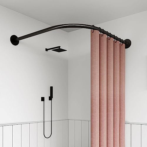 BAWHOCOS Douchegordijnstang gebogen voor badkamer, hoek douchegordijnstang geboord 90-130 cm x 90-130 cm buiten zwart mat douchegordijn stang zonder douchegordijnhaken (maat: C 90-130 cm x 90-130 cm, kleur: