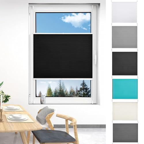 LIJIAO geplooide jaloezieën 50 x 160 cm EasyFix geplooide ondoorzichtig vouwgordijn met klembeugel Plissé voor raam/deur, Zwart