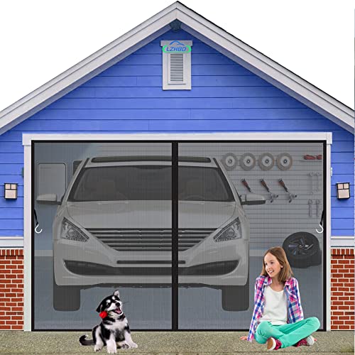 LZHBD Garagedeurscherm voor auto, 195x250 cm Magnetisch scherm Garage met gaas en zware verzwaarde bodem, eenvoudige montage en pas, handsfree voor garage/terras, zwart Nieuwe Versie