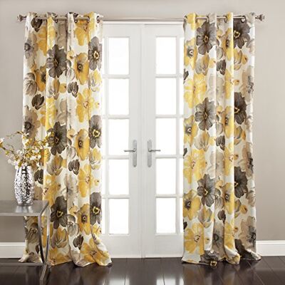 Lush Decor Leah bloemen geïsoleerde doorvoertule, polyester, geel en grijs, 52" B x 84" L (Pack van 1) Lush Decor Leah bloemen geïsoleerde doorvoertule, polyester, geel en grijs, 52" B x 84" L (Pack van 1)
