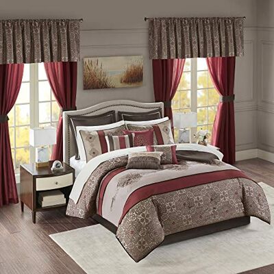 Madison Park Essentials All Season luxe beddengoed, lakens, decoratieve kussens en gordijnen, valance, polyester, delaney, medaillon rood, koning (104 x 92 inch) Madison Park Essentials All Season luxe beddengoed, lakens, decoratieve kussens en gordijnen, valance, polyester, delaney, medaillon rood, koning (104 x 92 inch)