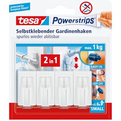 tesa Powerstrips Vario-gordijnhaken, zelfklevende gordijnhaken, verwijderbaar en herbruikbaar, belastbaar tot 1 kg, wit, 1 x 4 stuks tesa Powerstrips Vario-gordijnhaken, zelfklevende gordijnhaken, verwijderbaar en herbruikbaar, belastbaar tot 1 kg, wit, 1 x 4 stuks