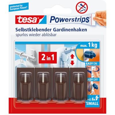 tesa Powerstrips Vario Gordijnhaken 1 x 4 Stuks Bruin Zelfklevende haken voor het bevestigen van gordijnroeden met een draagvermogen tot 1 kg laat geen sporen achter tesa Powerstrips Vario Gordijnhaken 1 x 4 Stuks Bruin Zelfklevende haken voor het bevestigen van gordijnroeden met een draagvermogen tot 1 kg laat geen sporen achter