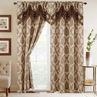 Elegant Comfort Jacquard Look Gordijnpaneelset met bevestigde waterval Valance, (set van 2), 54 x 84 inch, beige/bruin Elegant Comfort Jacquard Look Gordijnpaneelset met bevestigde waterval Valance, (set van 2), 54 x 84 inch, beige/bruin