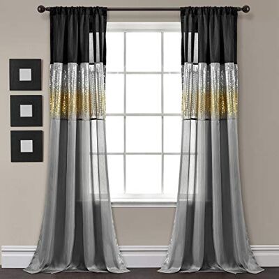 Lush Decor Night Sky gordijn, enkel, 106,5 x 274 cm (b x l), zwart en goud, pailletten gordijnen, glitter en kleurblokontwerp, modern glam, decoratief, lange gordijnen voor slaapkamer en woonkamer Lush Decor Night Sky gordijn, enkel, 106,5 x 274 cm (b x l), zwart en goud, pailletten gordijnen, glitter en kleurblokontwerp, modern glam, decoratief, lange gordijnen voor slaapkamer en woonkamer