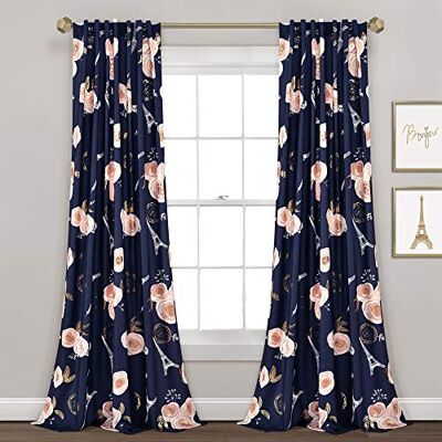 Lush Decor Marineblauw Vintage Parijs Rose Vlinder 2-delige venster gordijn paneel set, lang bloemen polyester thema patroon (84 x 52 in) Lush Decor Marineblauw Vintage Parijs Rose Vlinder 2-delige venster gordijn paneel set, lang bloemen polyester thema patroon (84 x 52 in)