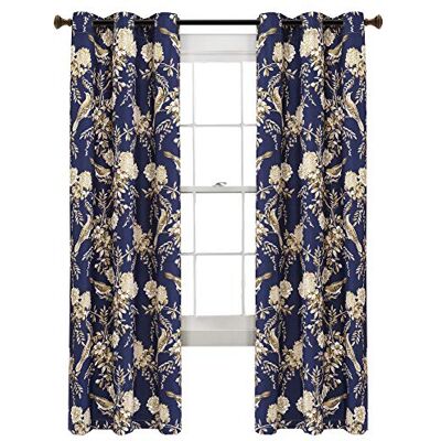 Lush Decor Verduisterend gordijnpanelenpaar, marineblauw en taupe met boerderij- vogel. en bloemafbeelding, geïsoleerde doorvoertule, 213 x 97 cm Lush Decor Verduisterend gordijnpanelenpaar, marineblauw en taupe met boerderij- vogel. en bloemafbeelding, geïsoleerde doorvoertule, 213 x 97 cm
