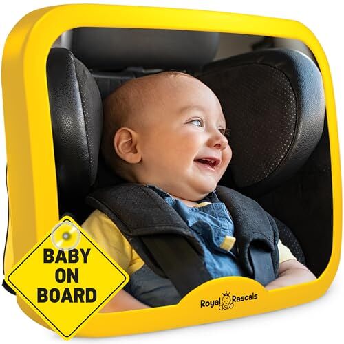 Royal Rascals Babyspiegel voor de Achterbank, Onbreekbare Babyspiegel voor in de Auto, Achteruitkijkspiegel voor babyautostoel om Achterstevoren Gerichte Baby's en Kinderen te Kunnen zien, Geel