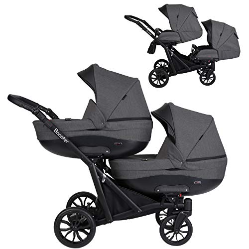 Kunert Booster 2-in-1 kinderwagen, complete set, dubbele kinderwagen, babywagen, 2-in-1 combi-kinderwagen, complete set broers en zussen, kinderwagenset tweelingsbuggy, dubbele kinderwagen (grafiet, 2-in-1)