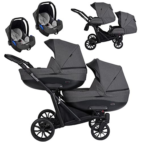 Kunert BOOSTER 3-in-1 kinderwagen, complete set dubbele kinderwagen, babywagen, 3-in-1 combi-kinderwagen, complete set broers en zussen, kinderwagenset, dubbele kinderwagen (grafiet, 3-in-1 kite)