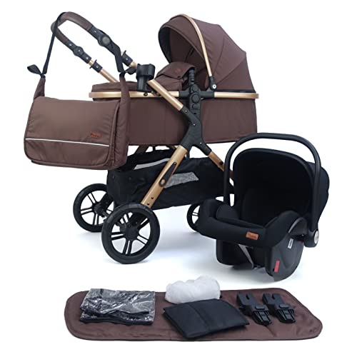 Pixini kinderwagen Nelio 3in1 (incl. autostoeltje, regenhoes, luiertas,...) (goud/bruin)