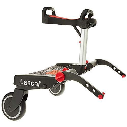 Lascal Buggy Board Maxi+, Zwarte Buggy Board met rood Zadel en sta ruimte voor Kinderwagen en Wandelwagens, Kinderwagen accessoire voor kinderen van 2-6 jaar (22 kg), Geschikt voor de meeste Wandelwagens en Kinderwagens