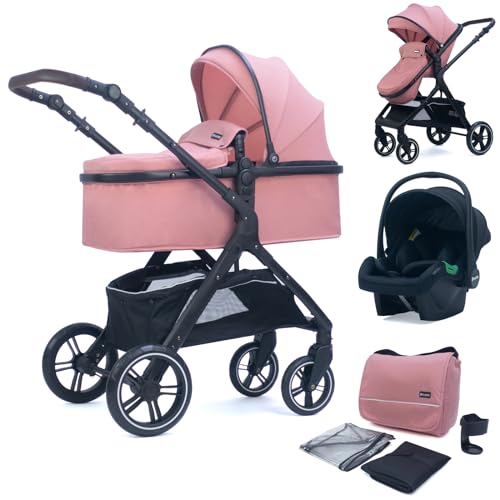 Pixini kinderwagen Nelio 3in1 (incl. autostoeltje, regenhoes, luiertas,...) (roze)