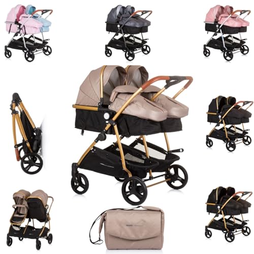 Chipolino kinderwagen voor broers en zussen Nieuwe Twin Duo Smart opvouwbare mand, coloris:beige/bruin