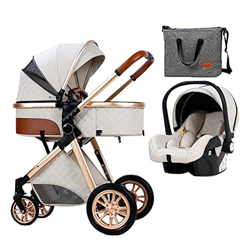 WIGSELBL Kinderwagen kinderwagen en autostoel combo, kinderwagen en omkeerbare wieg kinderwagen, opvouwbare luxe kinderwagen anti-shock veren hoog zicht kinderwagen kinderwagen kinderwagen (kleur: wit)