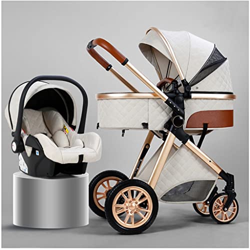 ATHUAH Baby Kinderwagen Kinderwagen Oversize Slaapmand, Kinderwagen voor Baby en Peuter Pasgeboren Kinderwagen High View Kinderwagens Kinderwagens met Regenhoes Klamboe (Kleur: Beige)