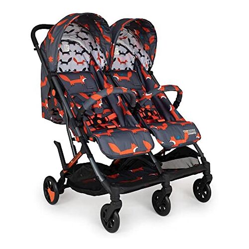 Cosatto Woosh Dubbele wandelwagen, lichte kinderwagen vanaf de geboorte tot 22 kg, tweeling of broers en zussen, met één hand inklapbaar, compacte, onafhankelijke stoelen houtskool Mister Fox