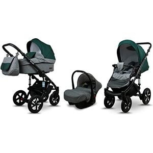 Babylux Sky Lark 3 in 1 Baby Reis Systeem Kinderwagen Autostoel Afneembare Regenhoes Voetenzak Dragende Wielen Pasgeborene tot Baby Grey Flex Green Black Frame