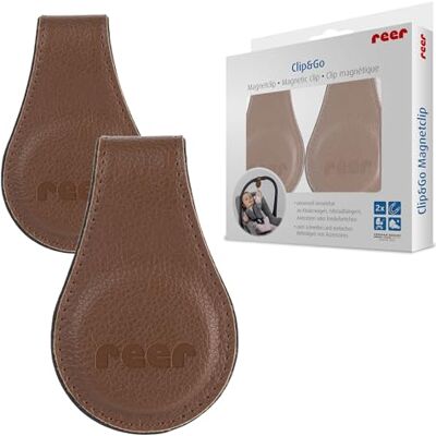 Reer Clip&Go Magneetclip voor kinderwagens en babyzitjes, set van 2 voor het bevestigen van gaasdoeken en speelgoed, sterke grip zonder haak of klittenbandsluiting, bruin Reer Clip&Go Magneetclip voor kinderwagens en babyzitjes, set van 2 voor het bevestigen van gaasdoeken en speelgoed, sterke grip zonder haak of klittenbandsluiting, bruin