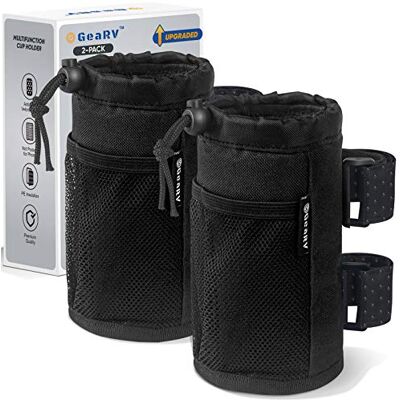 GEARV 2 stuks bekerhouder voor fiets, scooter en rolstoel, waterfles houder voor UTV/ATV, wandelaar, golfkar en strand, universele bekerhouder accessoires met netzak en koordslot (zwart) GEARV 2 stuks bekerhouder voor fiets, scooter en rolstoel, waterfles houder voor UTV/ATV, wandelaar, golfkar en strand, universele bekerhouder accessoires met netzak en koordslot (zwart)