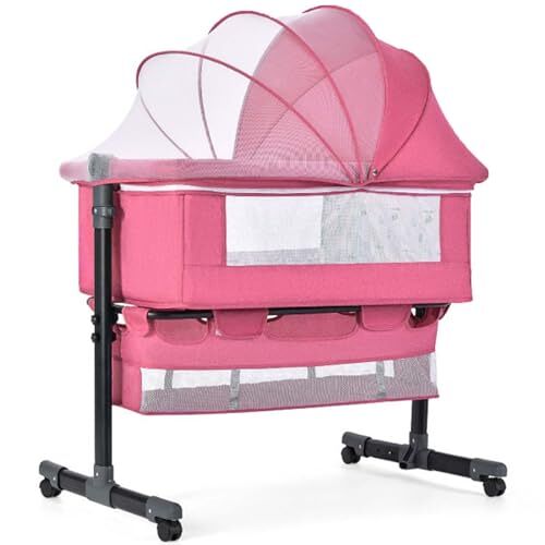 Gvqng 3 in 1 Children's Bed, Baby Bed Bassinet, Children's Travel Bed Bassinet, Baby Bassinet Side Bed, Foldable Baby Bed, Mobile Cot Side Bed with Mosquito Net and Wheels,Roze