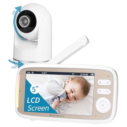 Zawaer babyfoon, babyfoon met camera 5'' 720P HD, video babyfoon camera en audio babyfoon met Vox functie, PTZ 330°/135°, 3×zoom, 2,4 GHz intercomfunctie, nachtzicht, temperatuurbewaking