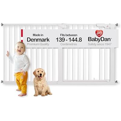 BabyDan Premier, extra brede drukvaste traphek, 139-144,8 cm, babyhekje, metaal, wit, Made in Denmark (Pet Gate/Dog gate) BabyDan Premier, extra brede drukvaste traphek, 139-144,8 cm, babyhekje, metaal, wit, Made in Denmark (Pet Gate/Dog gate)